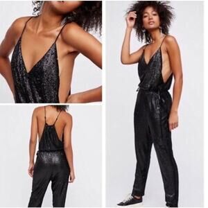 Free People Sequin Jumpsuit Black Size Medium All Over Pantsuit Sparkly V-Neck
